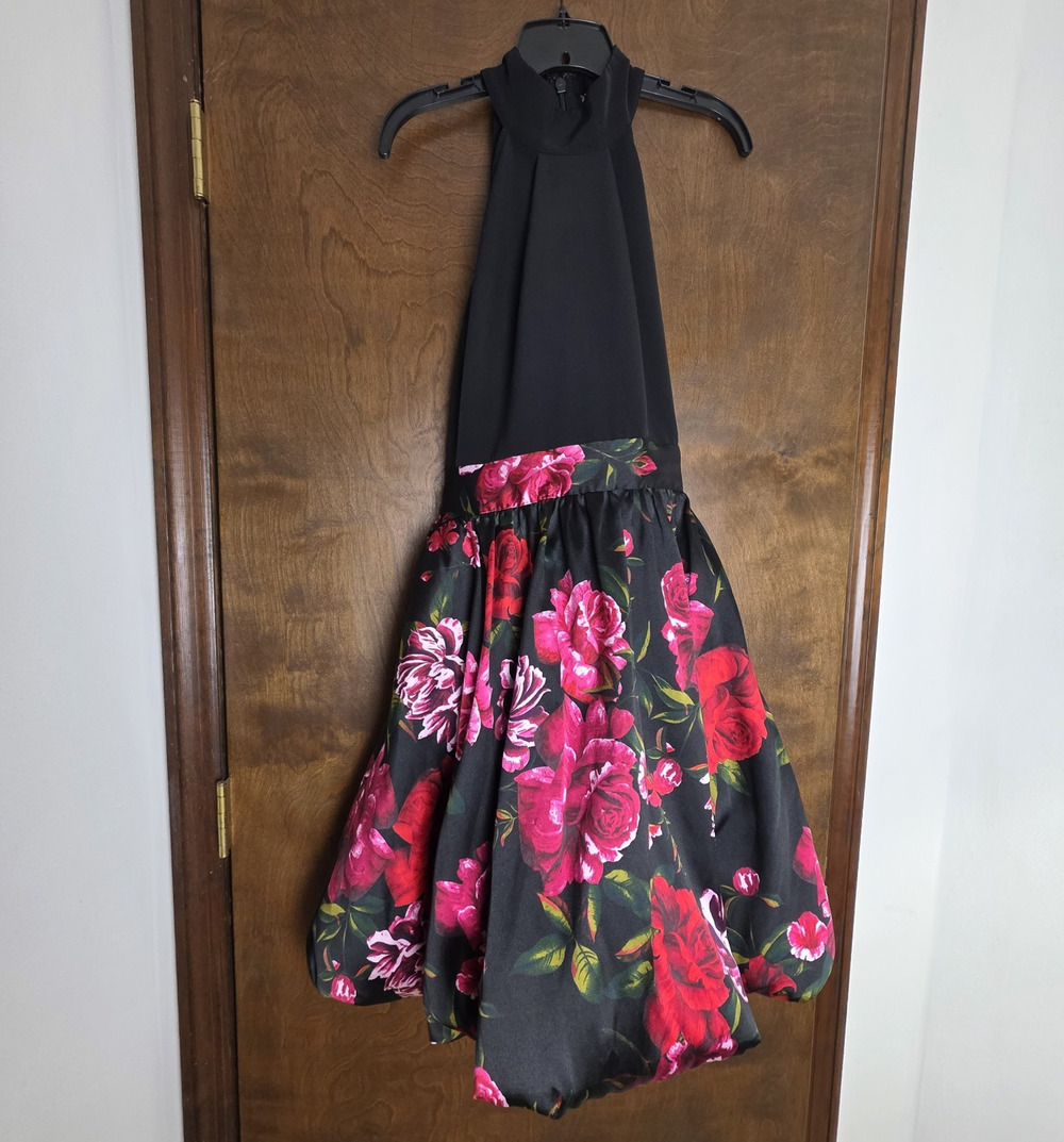 New York & Company Women's Black Halter Fit & Flare Floral Bow Dress L